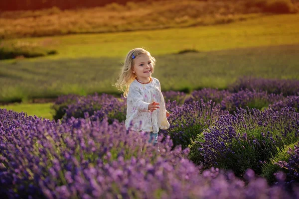 Schattige babymeisje in een Lavendel veld — Stockfoto