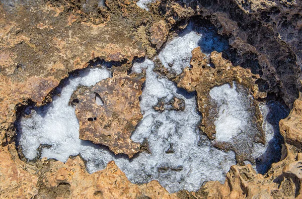 Tła Tekstura Wybrzeżu Złożach Kamiennych Zalanych Wodą Pozostałościami Soli Morskiej — Zdjęcie stockowe