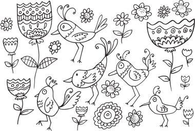 çiçek kuş doodle vektör çizim seti