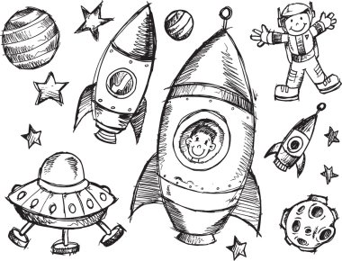 Uzay kroki doodle vektör set