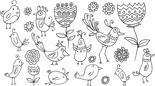 Flower Bird Doodle Vector Illustration Set — Stock Vector