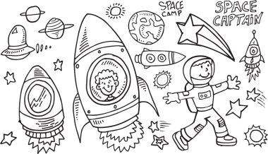 Uzay doodle vektör çizim sanat set