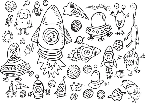 Yttre rymden doodle vektor illustration art uppsättning — Stock vektor