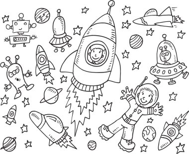 Uzay doodle vektör çizim sanat set