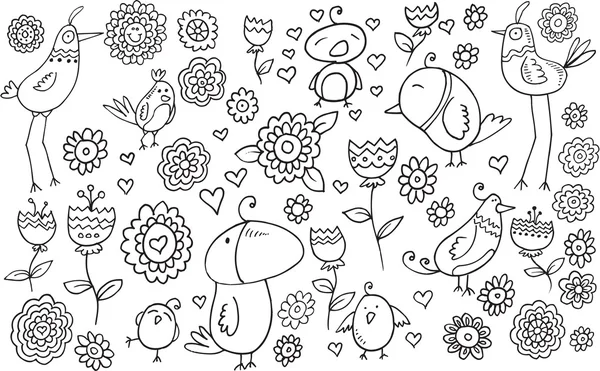 Bloem vogel doodle vector illustratie set — Stockvector