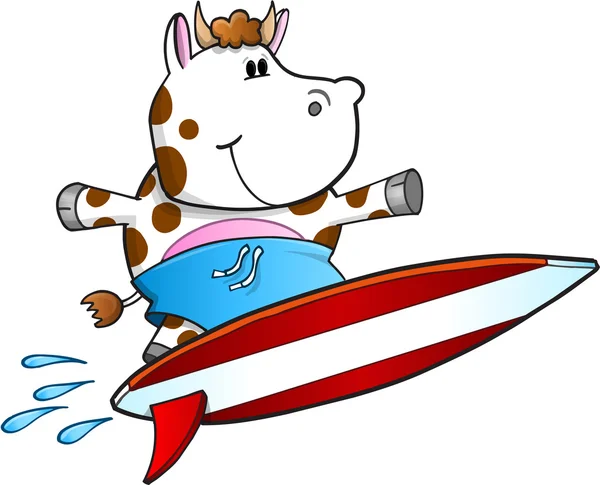 Cute Surfing Cow Vector Illustration Art — 图库矢量图片