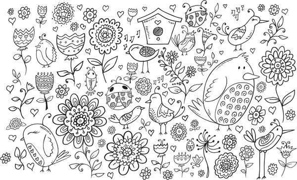 Doodle Flores y Aves — Archivo Imágenes Vectoriales