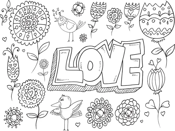 Doodle blommor fågel Vektorgrafik