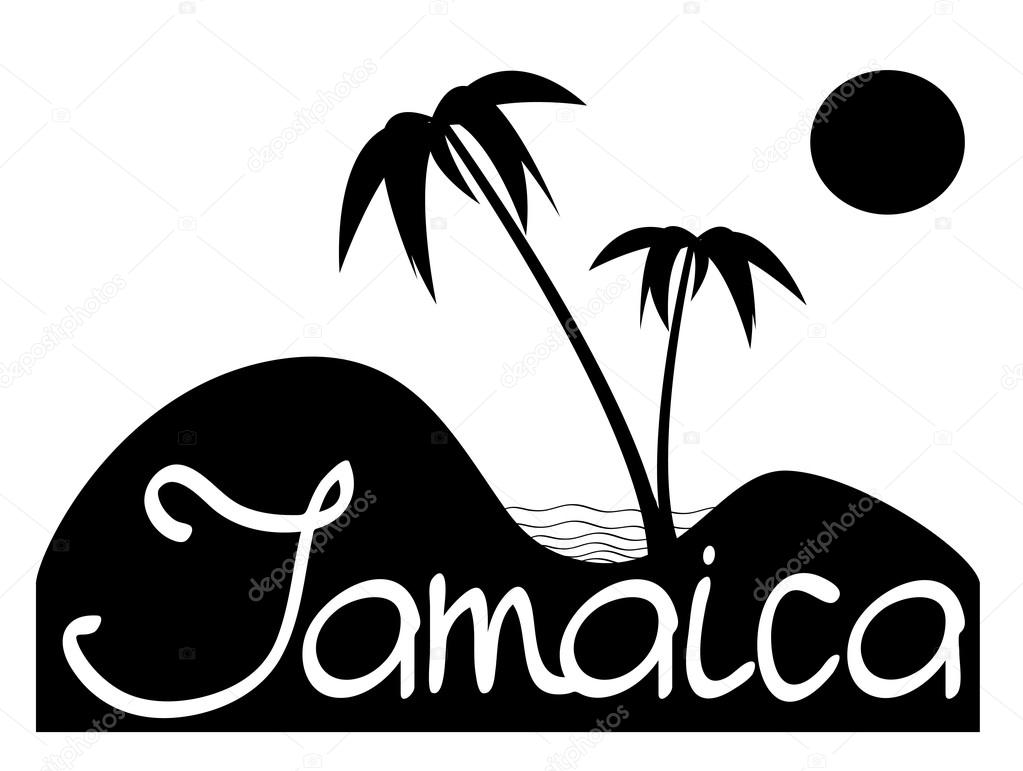 Jamaica - black and white vector composition witn palms, sand and sea