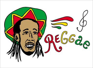 Rastaman rasta şapkalı portresi. Jamaika Tema. Reggae konsept tasarımı. Elle çizilmiş sanat. Afiş, kart, t-shirt, çanta, baskı, poster. Vektör çizim renkli el çekilmiş