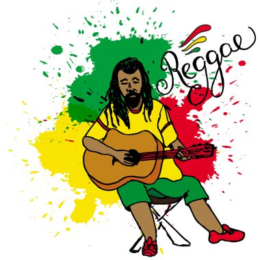 Gitar çalmak rastaman vektör Illustration. Sarı tişört, yeşil pantolon, kırmızı ayakkabılar giyen dreadlocks Rastafarian adamla. Su sıçramalarına renk. Çizilmiş. Beyaz bir arka plan üzerinde izole.