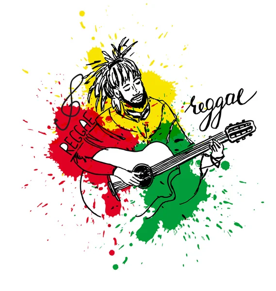 Illustration vectorielle de rastaman jouant de la guitare. Un mignon rastafari avec des dreadlocks. Dessiné à la main. Des éclaboussures de couleur. Isolé sur fond blanc. Bannière rétro, carte, t-shirt, sac, impression, affiche — Image vectorielle