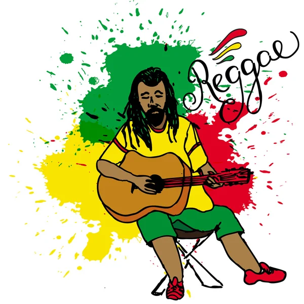 Vector illustration of rastaman playing guitar. Rastafarian guy with dreadlocks wearing yellow shirt, green pants, red shoes. Colour splashes. Hand-drawn. Isolated on a white background. — Stock Vector