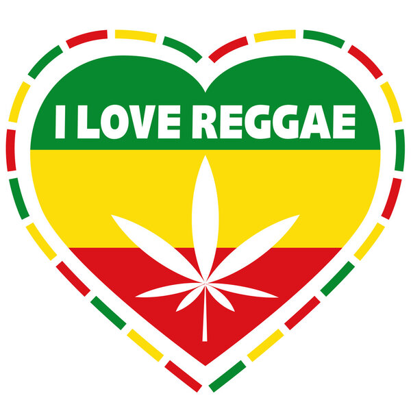 Rasta logo in rastafarian colours, heart shape with marijuana leaf, vector illustration