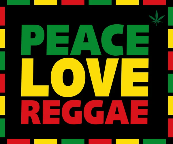 Reggae Peace Love título en colores Rasta sobre fondo negro con hoja de marihuana. Ilustración vectorial . — Archivo Imágenes Vectoriales