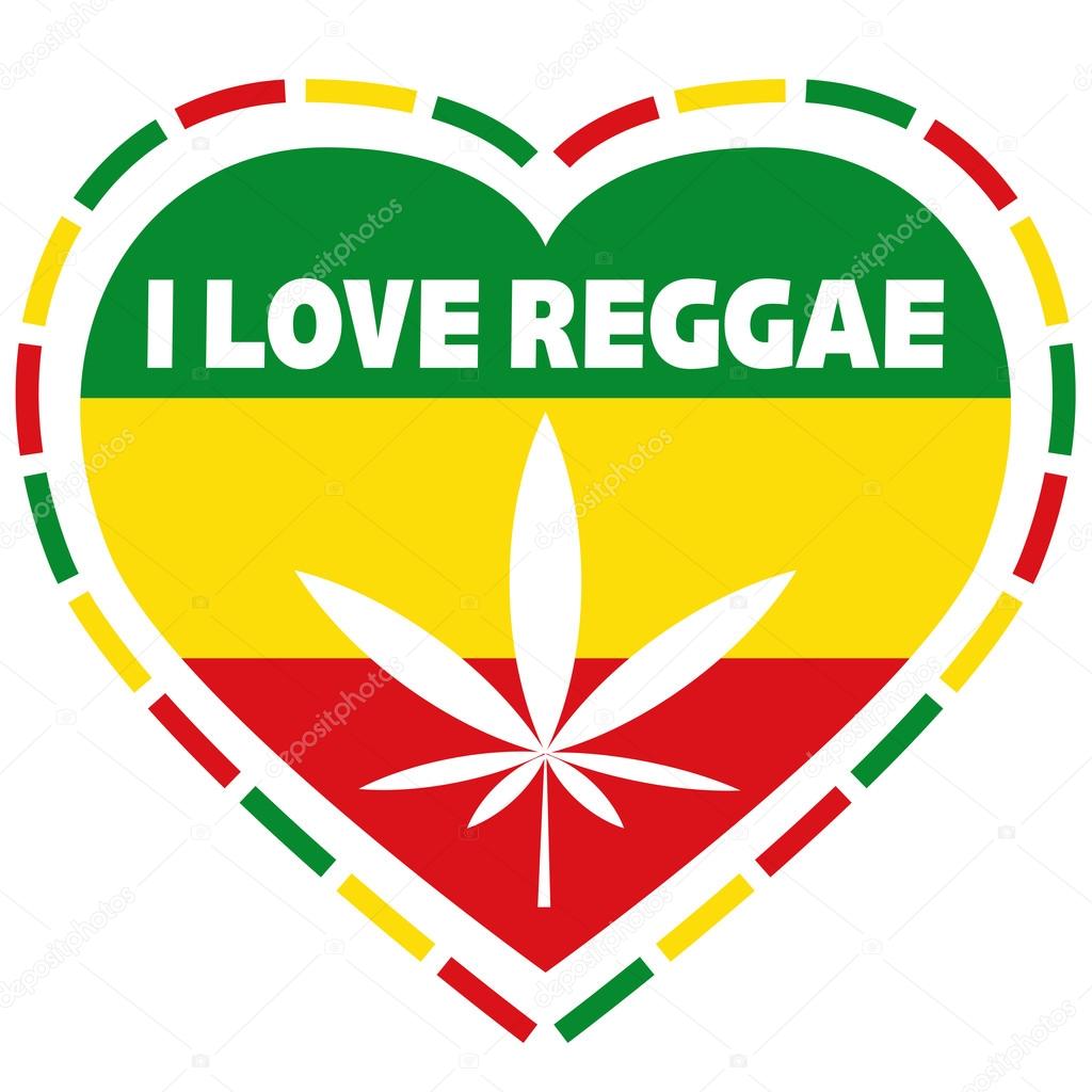 Rasta logo in rastafarian colours, heart shape with marijuana leaf
