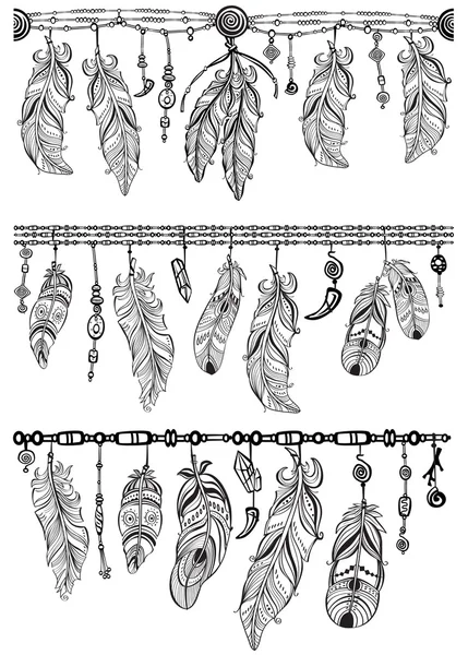 Tema tribal com penas e pincel padrão —  Vetores de Stock