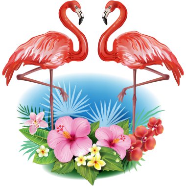 Arrangement from tropical flowers and Flamingoes clipart