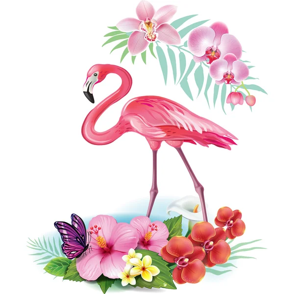 Arreglo de flores tropicales y flamenco — Vector de stock