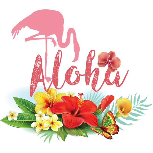 Flamingos und Arrangement aus tropischen Blumen — Stockvektor