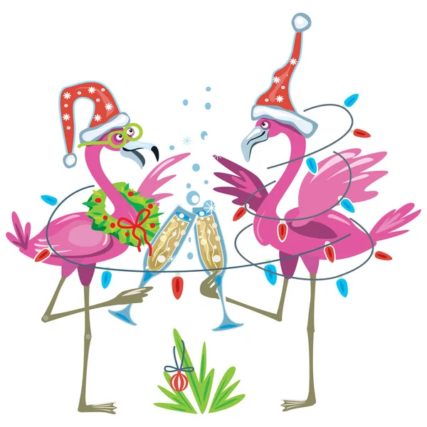 Leuke Flamingo Met Glazen Champagne Kerstmis Happy New Year Illustratie — Stockvector
