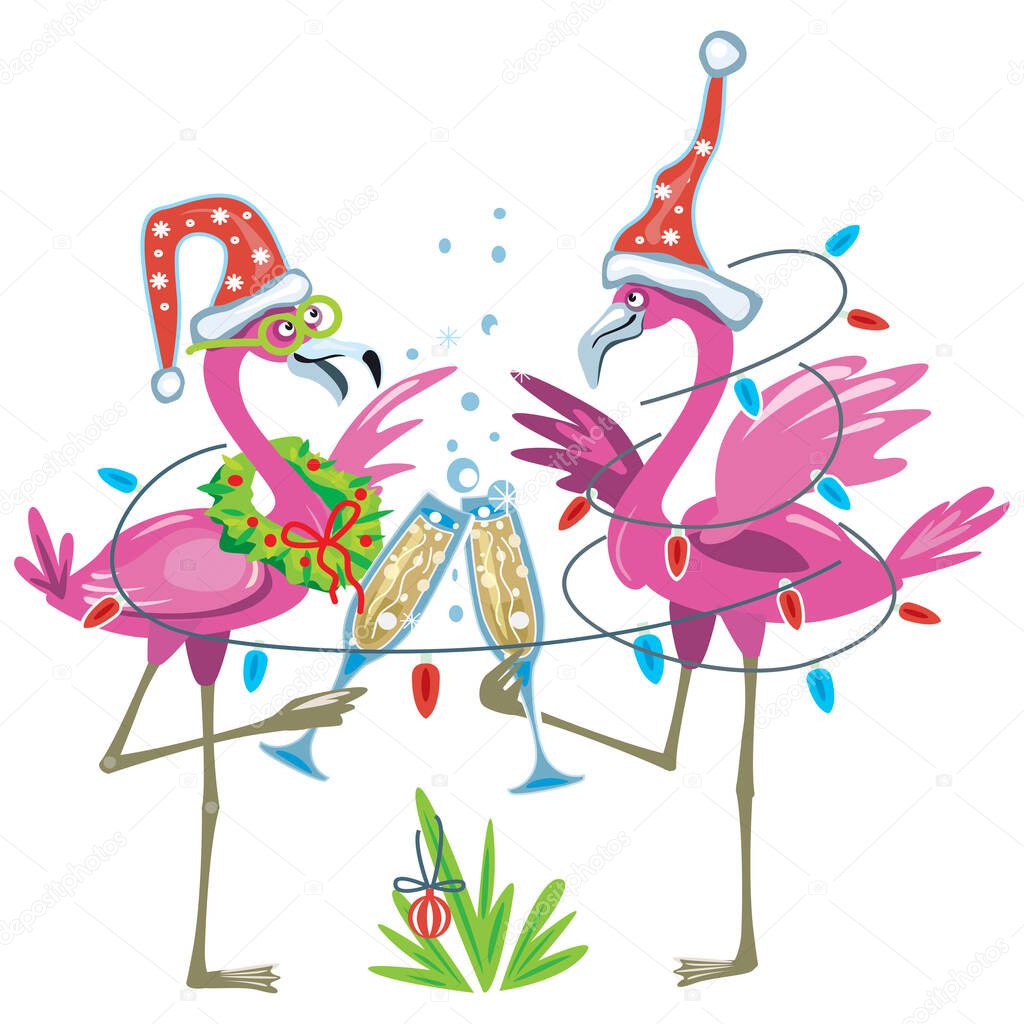 Cute flamingoes with glasses of champagne Christmas and Happy New Year illustration