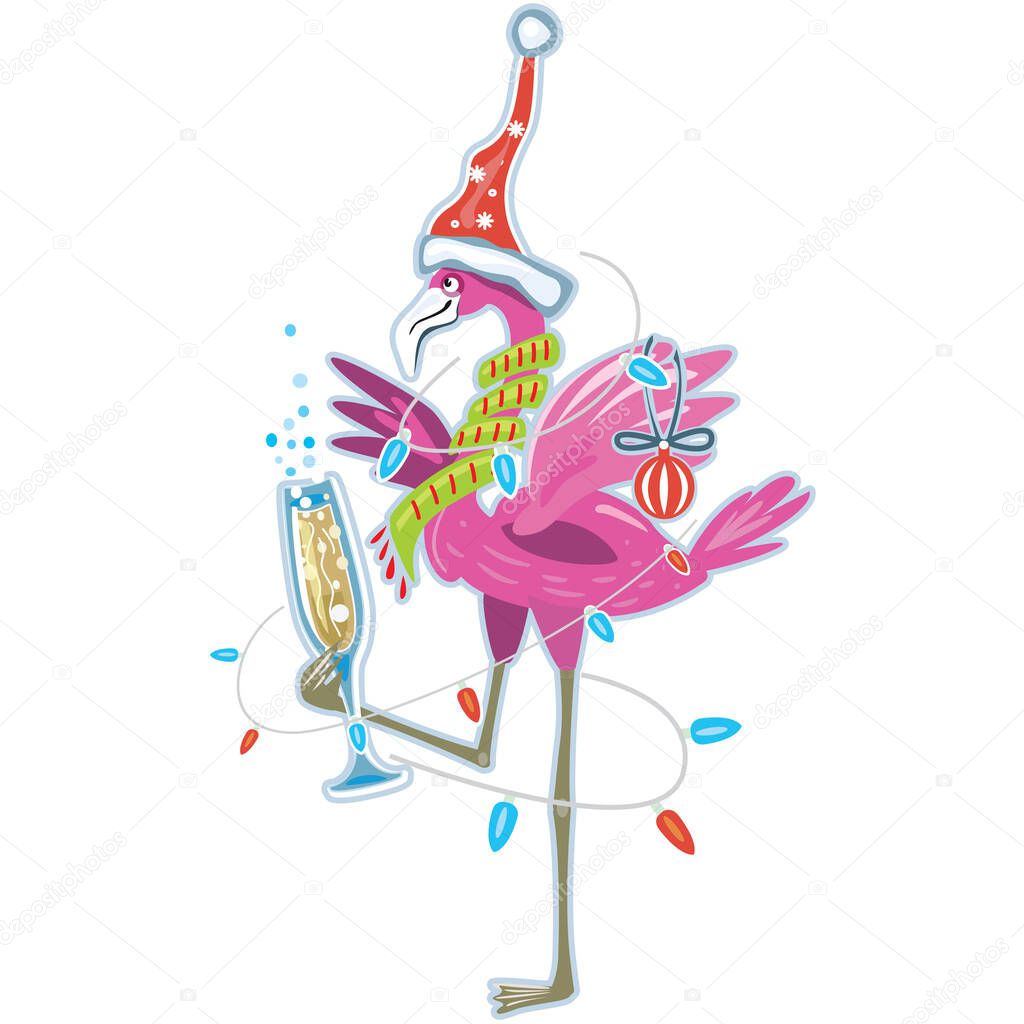 Cute flamingo with glasses of champagne Christmas and Happy New Year sticker