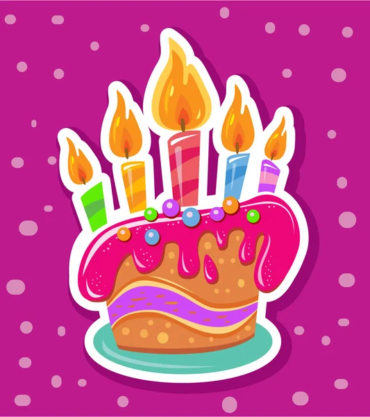 誕生日ケーキとカラフルなキャンドルの誕生日パーティーの要素を持つステッカー — ストックベクタ