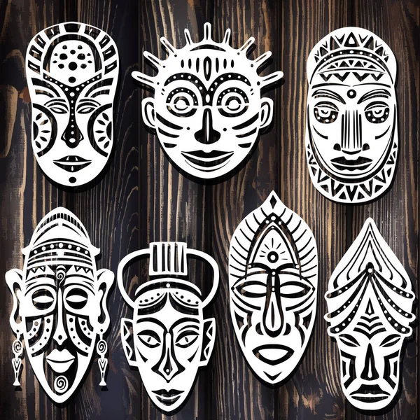 Set Van Tribal Afrikaanse Maskers Hout Textuur Achtergrond — Stockvector