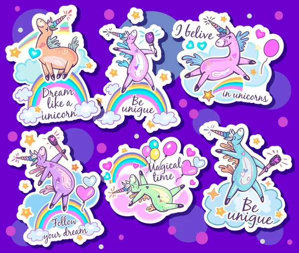 Pegatinas Con Unicornios Citas Inspiradoras Sueños Unicornio — Vector de stock