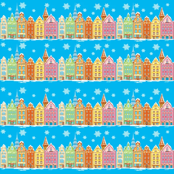 Vintage buildings seamless with snowfall — Stock Vector
