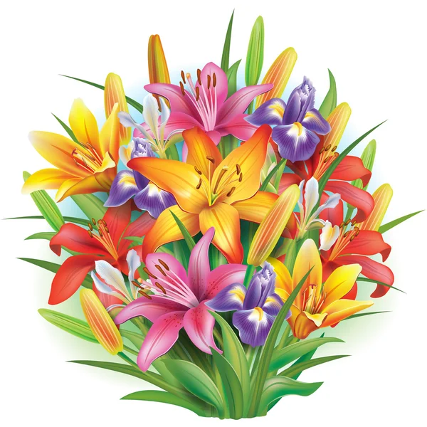 Bouquet di gigli bianchi e iris — Vettoriale Stock
