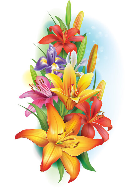 Garland of lilies and irises flowers