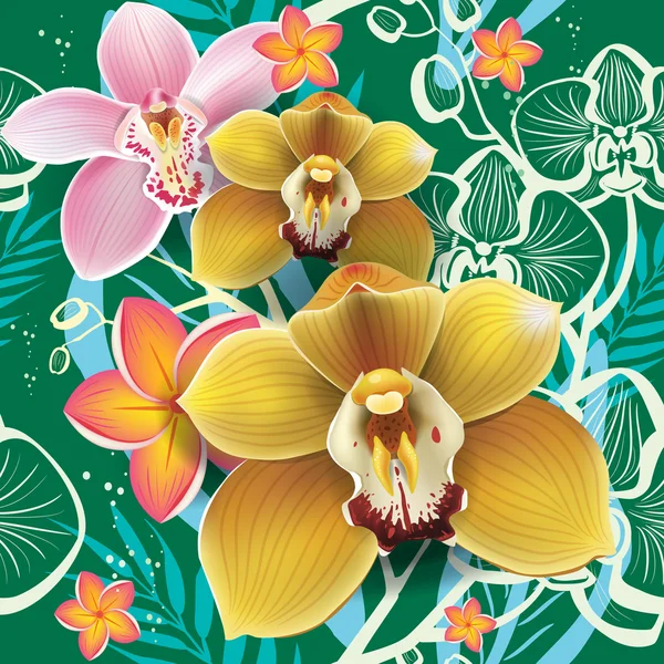 Motif floral sans couture avec orchidée sur vert — Image vectorielle