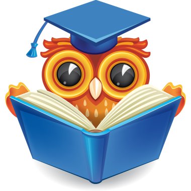 Açık bir kitap ile mezuniyet şapkalı Bilge Baykuş