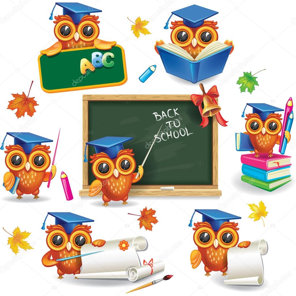 Set of wise owls in graduation caps
