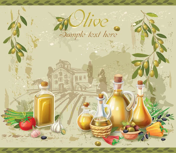 Huile d'olive et olives contre le paysage rural — Image vectorielle