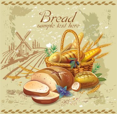 Breads in basket against country landscape