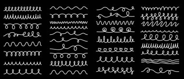 Beyaz pastel boya çizgileri seti, Doodle kıvırcık desenli fırça Illustrator için, Doodle Tebeşir Biçimi