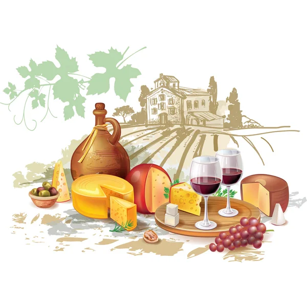 Bodegón de vino, queso y uvas — Vector de stock