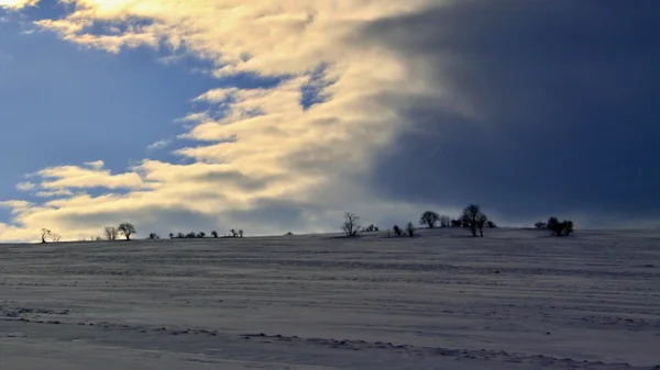 Зимний пейзаж и мрачное небо — стоковое фото