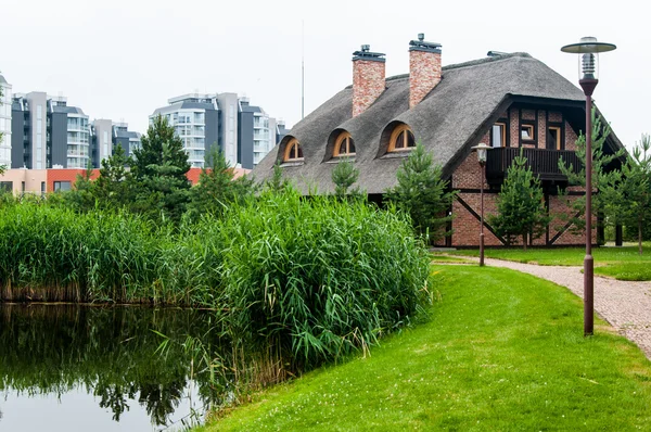 Maisons en rondins avec toit en roseau — Photo