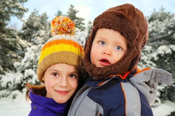 Cute children in winter forest Royalty Free Stock Photos