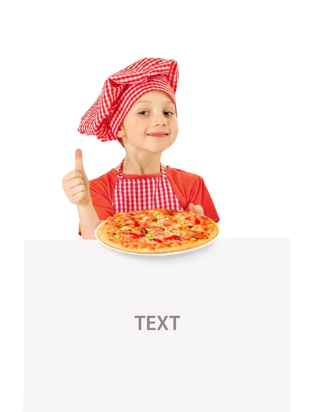 Little girl with pizza and white banner — Stock Photo, Image