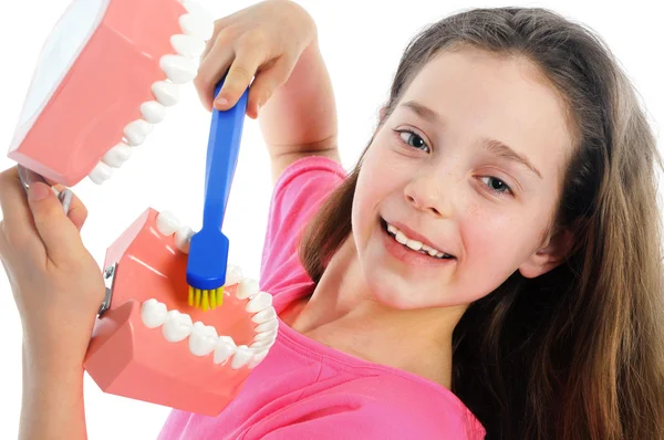 Chica enseñando a cepillarse los dientes — Foto de Stock