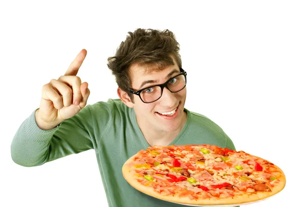 Joven feliz con pizza — Foto de Stock