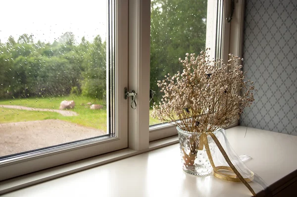 Janela para casa com gotas de chuva — Fotografia de Stock