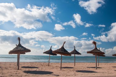 Thatched şemsiye ile plaj