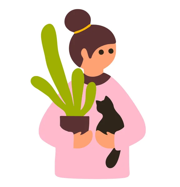Симпатична дівчина в рожевому кольорі з домашньою рослиною і чорний кіт на руках . Ліцензійні Стокові Ілюстрації