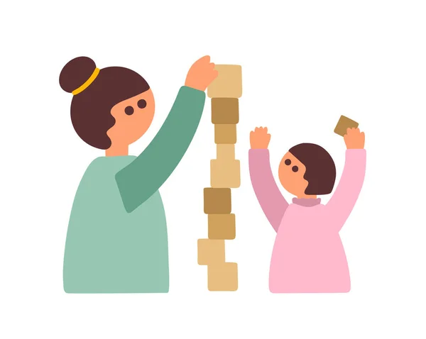 Madre e hija jugando cubos de juguete juntas. — Vector de stock